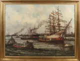Wim Bos, Rotterdams havengezicht, Olieverf op linnen
