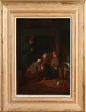 J. Akkersdijk Fecit, Figuren bij haard, Olieverf op paneel