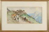 Pierre Comba, Infanteristen bij bergdorp, Aquarel op papier