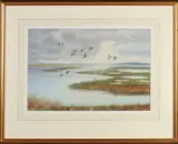 R. Jobjent, Plasgezicht met opvliegende eenden, 1937, Gemengde techniek op papier
