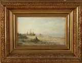 Vrouw zittend aan strand by Onduid. gesig., Olieverf op paneel, offered Jan 2022