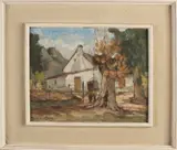 Henk van den Berg, Afrikaanse boerderij, Olieverf op schilderskarton