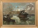 H.J. Pauwels, Havengezicht Rotterdam, Olieverf op linnen