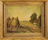 J. A. Pireon, Boerderij met zandpad en hooimijten, Olieverf op linnen
