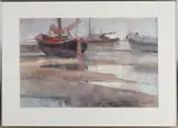 Groningen Riny Bus, Boten op de Wadden bij eb, Aquarel op papier