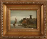 Onduidelijk gesigneerd, Landschap met molen, rivier en boot, Olieverf op paneel