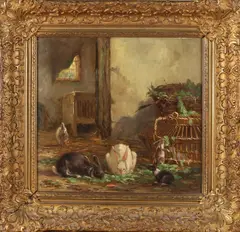 A. van Wieringen, Konijnen in stal, Olieverf op paneel