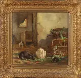 A. van Wieringen, Konijnen in stal, Olieverf op paneel