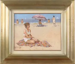 Chris van Dijk, Strandgezicht met figuren, Olieverf op paneel
