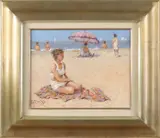 Chris van Dijk, Strandgezicht met figuren, Olieverf op paneel