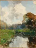 Restsignatuur Louis Willem van Soest, Landschap met bosven, Olieverf op schilderskarton