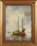 J.H. van Oeveren, Twee platbodems, Olieverf op linnen