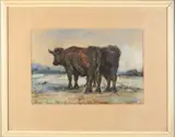 J.K. Veerman, Koeien in landschap, Gouache op papier