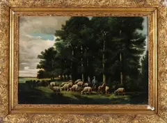 Charles Jacque, Bosgezicht met schaapherder, Olieverf op linnen