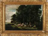 Charles Jacque, Bosgezicht met schaapherder, Olieverf op linnen