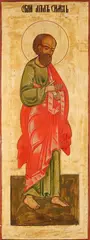 Russisch ikoon, H. Simon Petrus, Krijtlaag blootgelegd, rond 1900 opnieuw beschilderd op ouder paneel