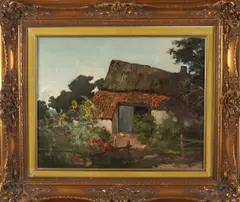 Dorus Arts, Boerderij met zonnebloemen, Olieverf op linnen