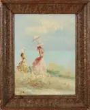Onduid. gesig., Dames met parasol bij zee, Olieverf op paneel