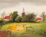 Fr. Peter, Zonning landschap in Duits dorp, Olieverf op paneel