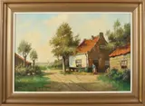 Gerardus Johannes Delfgaauw, Boerderij met boerin en kippen, Olieverf op linnen
