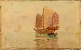 F.G. Purxis, Chinese jonk op zee, Olieverf op paneel