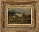Frans Lebret, Schaapsherderin met schapen, Olieverf op paneel