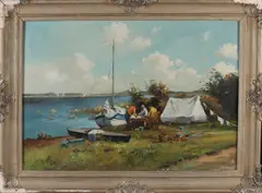H. Houssart, Landschap met boot en kamperende mensen, Olieverf op linnen