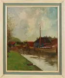 H.M. Bijl, Dorpsgezicht met platbodem, Olieverf op paneel