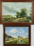 2x Onduid. gesign., Landschap met vee, Olieverf op linnen