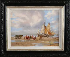 A. J. Temming, Schevenings strandgezicht met vissersvolk, Olieverf op linnen