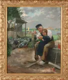 Karl Behm, Visser met kind aan het netten boeten, Olieverf op linnen