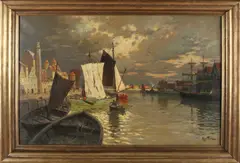 Max Fritz, Noord Duitse haven met schepen, Olieverf op linnen