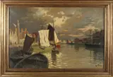 Max Fritz, Noord Duitse haven met schepen, Olieverf op linnen