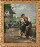 Karl Behm, Visser met kind aan het netten boeten, Olieverf op linnen