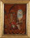 Zeldzaam 16e eeuws schilderij, Heilig figuur met aureool en engelen
