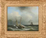 Herman H. Op der Heijde, Zeilschip met figuren op volle zee, Olieverf op linnen