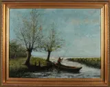 Maurits Lapidoth, Landschap met knotwilgen en punter, Olieverf op linnen