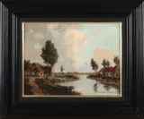G.J. Delfgaauw, Hollands riviergezicht met huizen, Olieverf op linnen