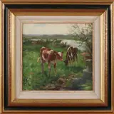 D.J. van Haaren, Twee pinken in landschap, Olieverf op paneel