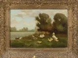 H.J. Bijvank, Eendenfamilie langs waterkant, Olieverf op linnen