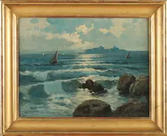 E. Pasini, Oosters zeegezicht, Olieverf op linnen, op paneel, marouflé