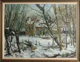 Riekje Offerhaus, Wintergezicht met boerenhuis, Olieverf op linnen
