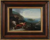 Landschap met vee, herder en ruïne by Onduid. gesig., Olieverf op paneel, offered Jul 2021