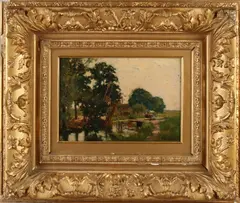 Piet de Regt, Landschap met sloot en ophaalbrug, Olieverf op paneel