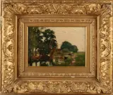 Piet de Regt, Landschap met sloot en ophaalbrug, Olieverf op paneel