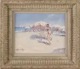 Chris van Dijk 1952-, Meisje bij parasol op strand, Olieverf op paneel
