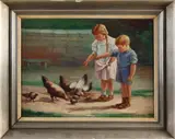 Rob Lembaerts, Kinderen voeren kippen, Olieverf op paneel