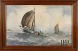 Wim Bos, Platbodems met figuren op zee, Gemengde techniek op papier