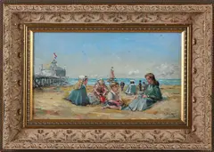 T. van Asten, Strand Scheveningen, Olieverf op paneel