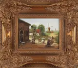 Hein Burgers, Hollands landschap, dorp met figuren, Olieverf op paneel